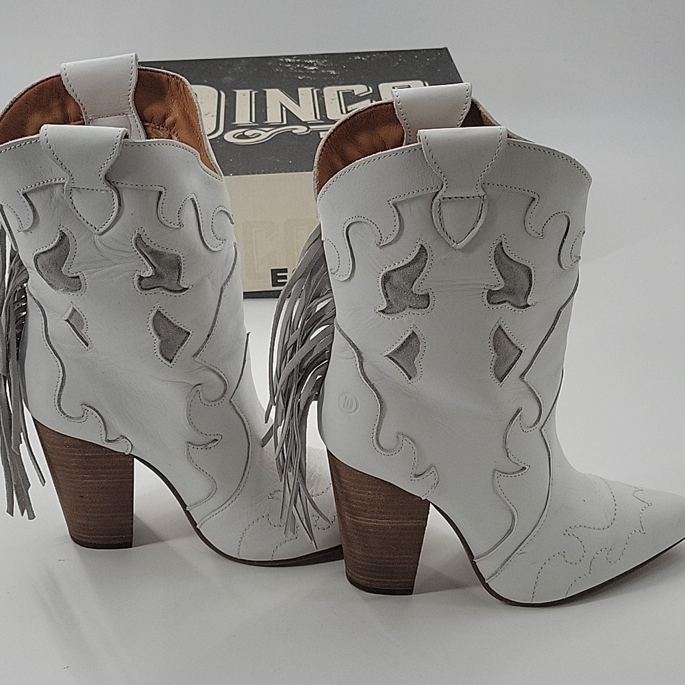 White Leather Western Ankle Boots with Fringe - Picture 13 of 16